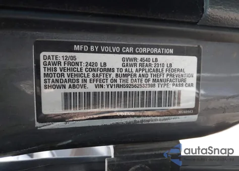 2006 Volvo S60 2.5T из США, поврежденный, VIN YV1RH592562532398